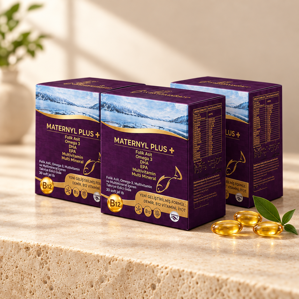 Üç adet Maternyl Plus kutusu, bej stüdyo zemininde soft gel kapsüllerle