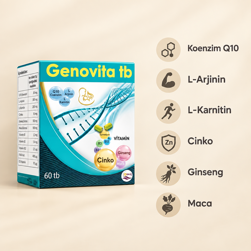 Genovita içeriği: Koenzim Q10, L-Arjinin, L-Karnitin, Çinko, Ginseng, Maca