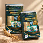 İki adet Genovita 60 tablet kutusu, bej stüdyo zemininde ginseng kökü ile