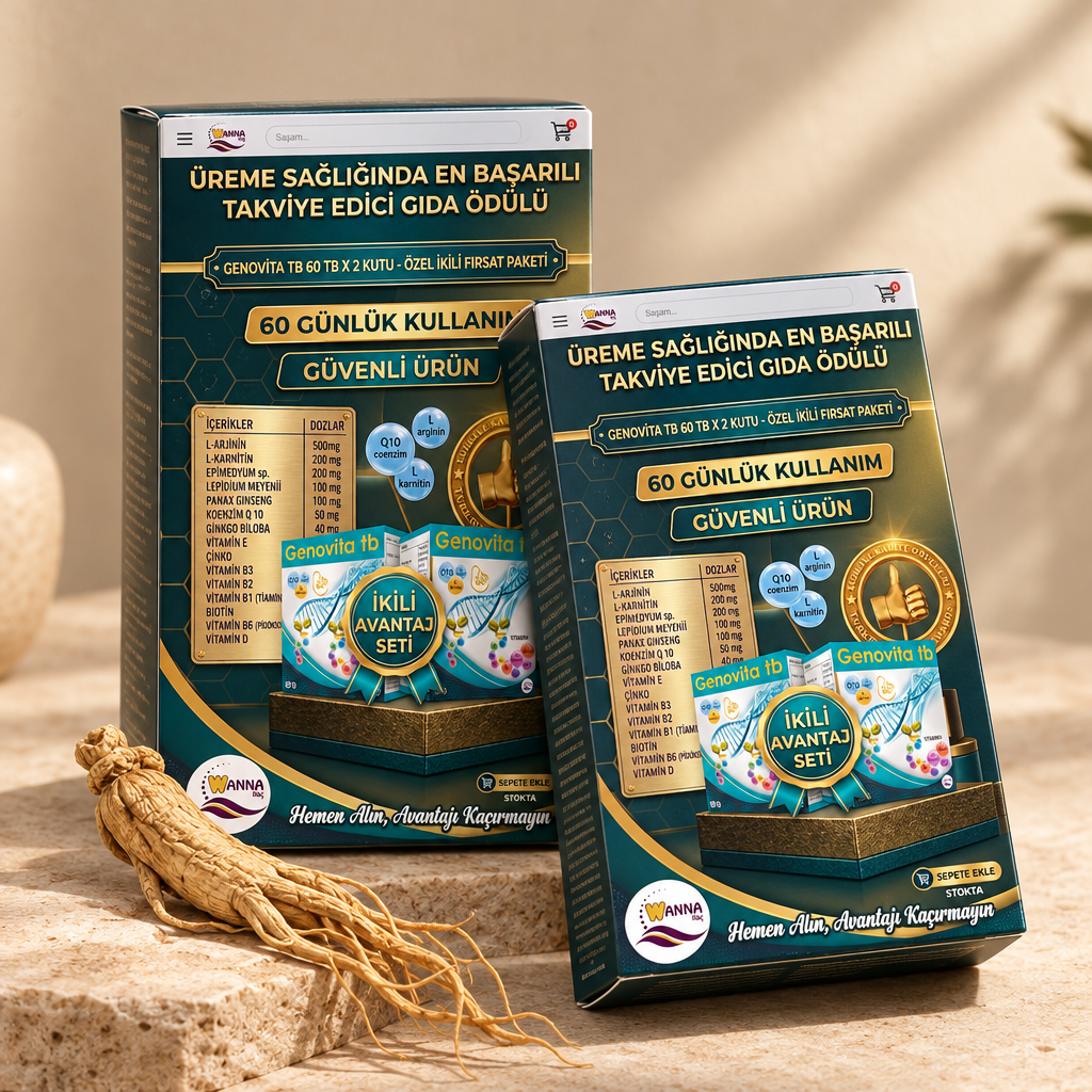 İki adet Genovita 60 tablet kutusu, bej stüdyo zemininde ginseng kökü ile