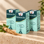 Üç adet Genecon PSH 60 kapsül kutusu, bej stüdyo zemininde ginseng kökü ile
