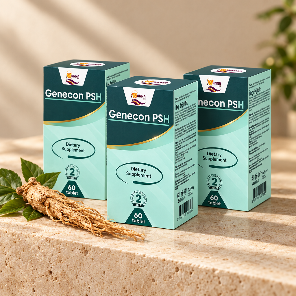 Üç adet Genecon PSH 60 kapsül kutusu, bej stüdyo zemininde ginseng kökü ile