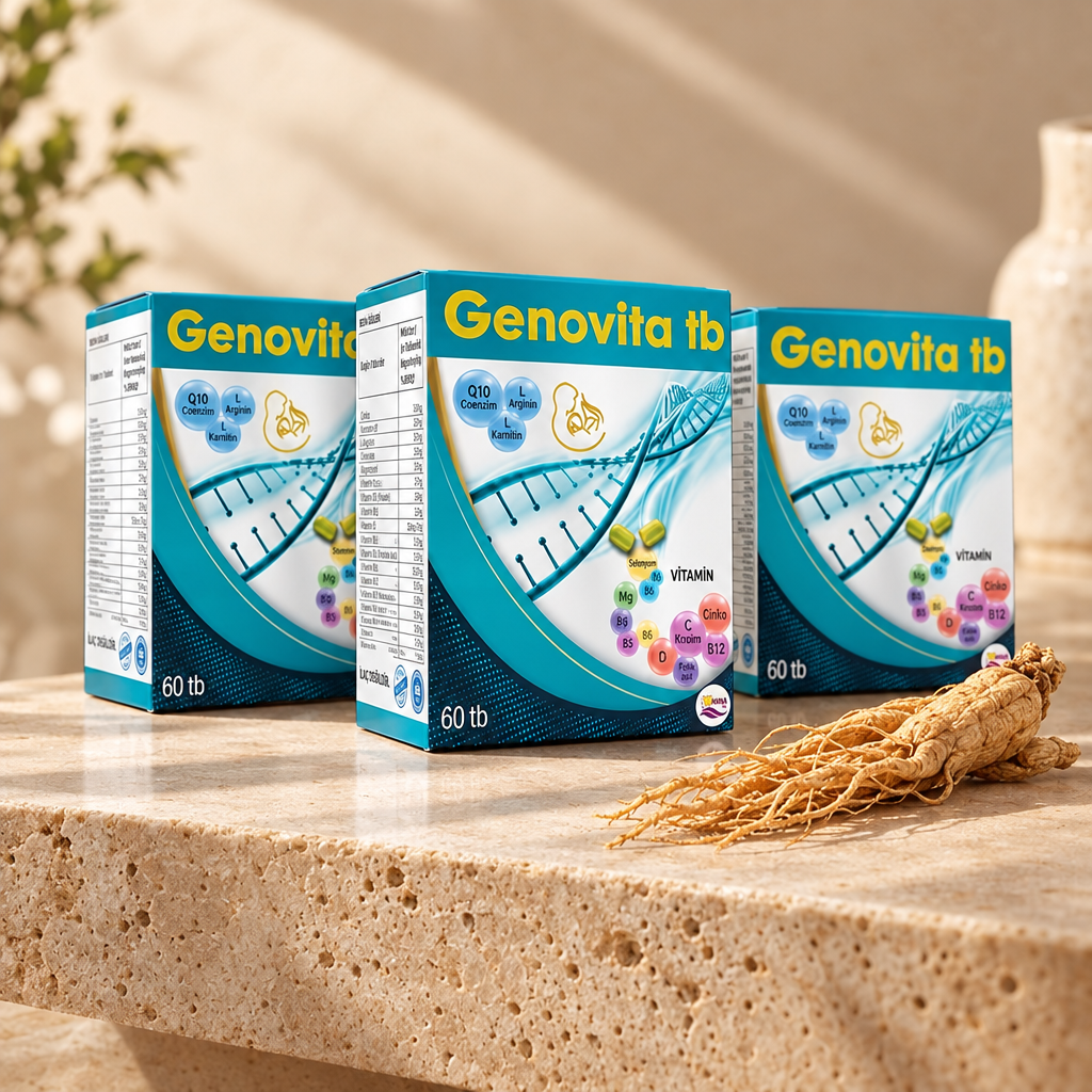 Üç adet Genovita 60 tablet kutusu, bej stüdyo zemininde ginseng kökü ile