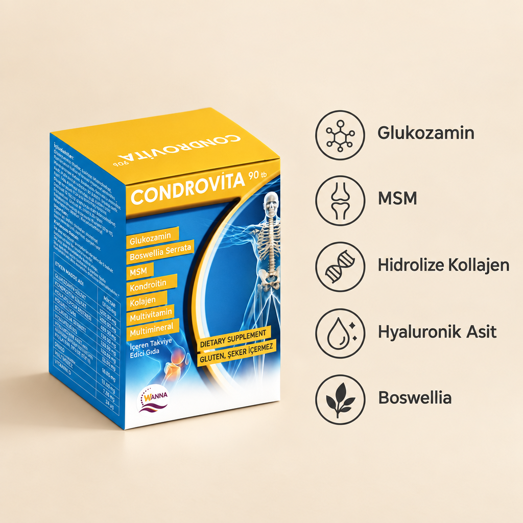 Condrovita içeriği: Glukozamin, MSM, Hidrolize Kollajen, Hyaluronik Asit, Boswellia
