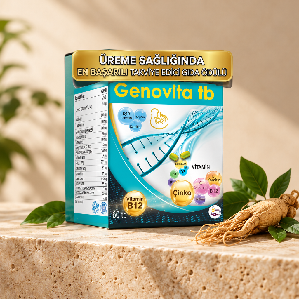 Genovita 60 tablet kutusu, bej stüdyo zemininde ginseng kökü ve yeşil yapraklarla
