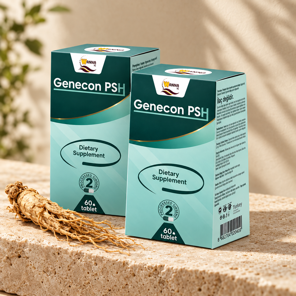 İki adet Genecon PSH 60 kapsül kutusu, bej stüdyo zemininde ginseng kökü ile