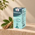 Genecon PSH 60 kapsül kutusu, bej stüdyo zemininde ginseng kökü ve yeşil yapraklarla