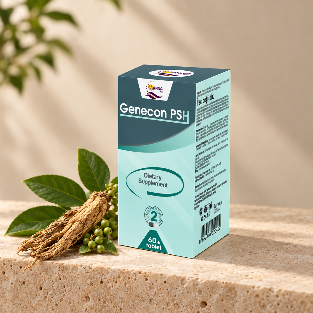 Genecon PSH 60 kapsül kutusu, bej stüdyo zemininde ginseng kökü ve yeşil yapraklarla