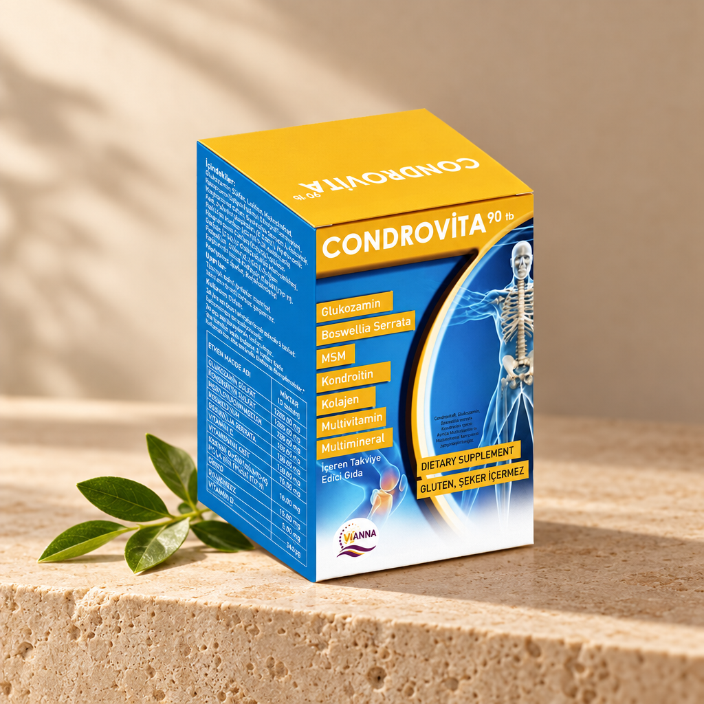 Condrovita 90 tablet kutusu, bej stüdyo zemininde yeşil yapraklarla