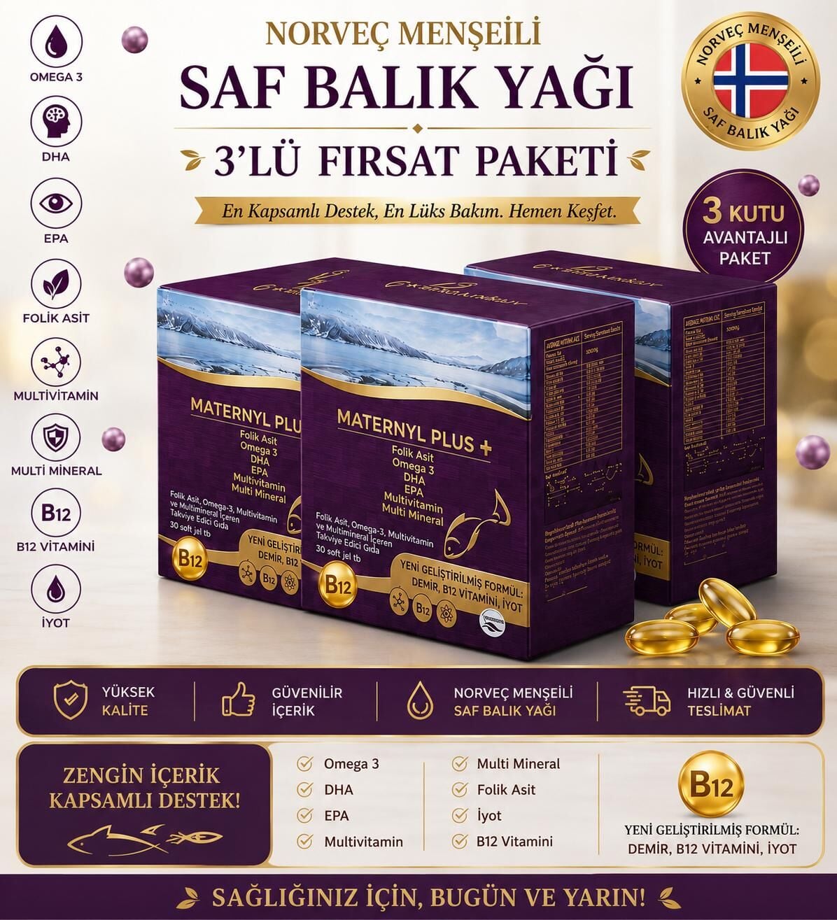 maternyl plus 3 lü fırsat paketi balık yağı+ vitamin