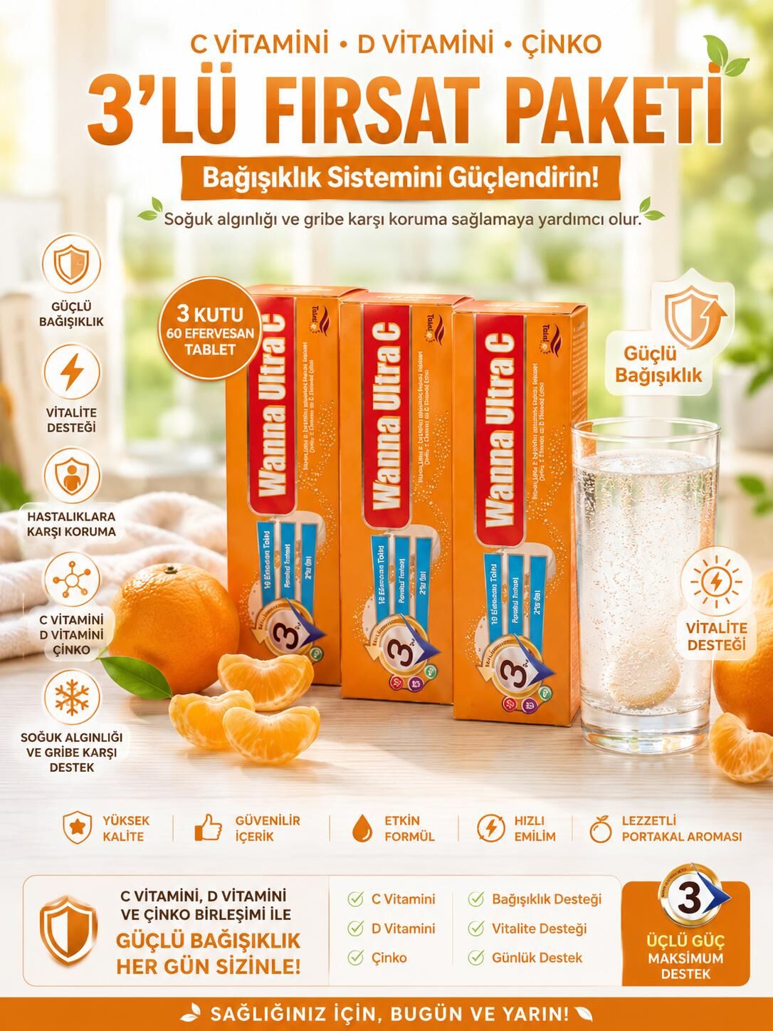C Vitamini D Vitamini Çinko Efervesan (15 Tablet) X 3 lü Fırsat Ürünü